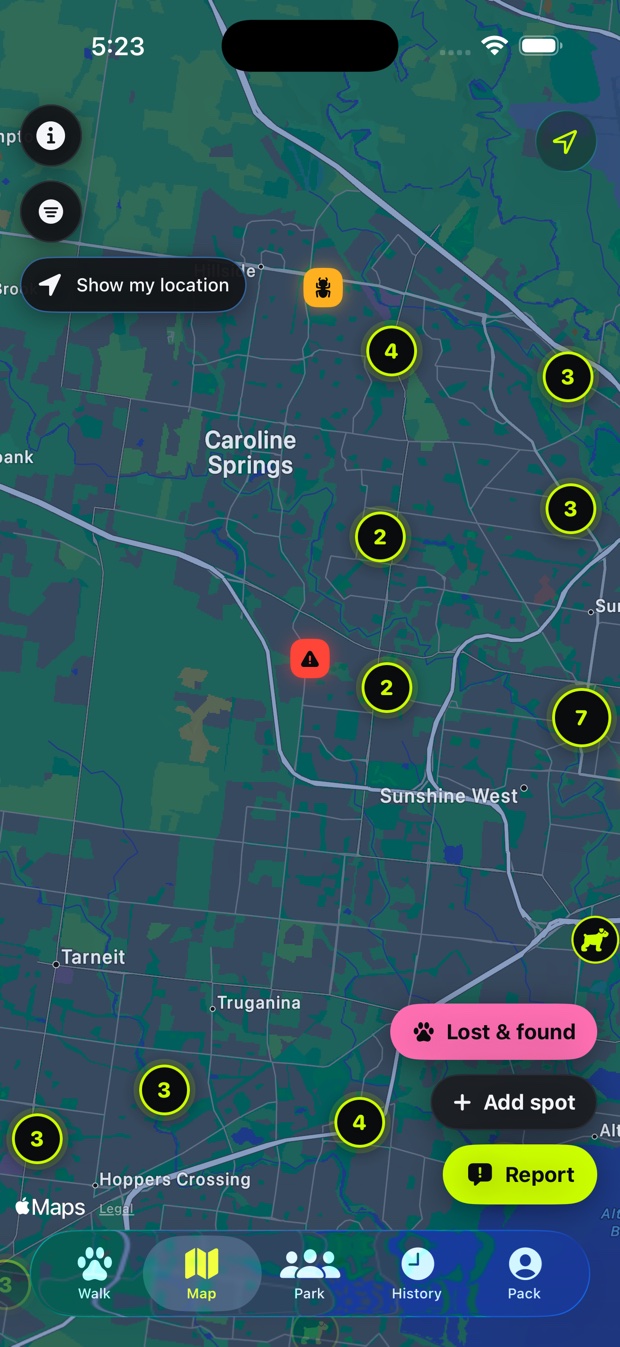 PetSignal's map over Caroline Springs, Melbourne: off-leash areas clustered by count, a tick hazard pin, a snake warning pin, and a Lost & found button.